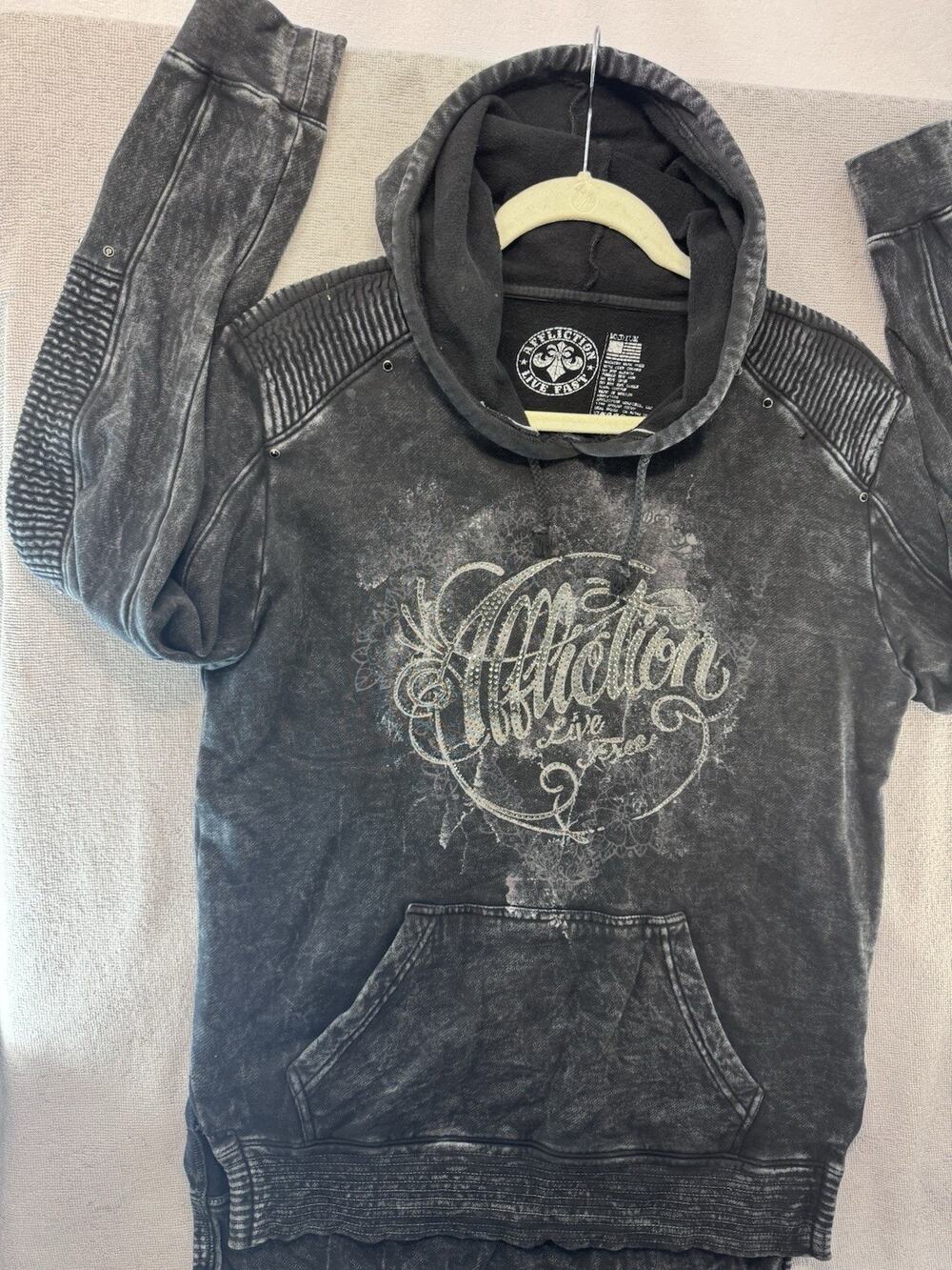 Affliction Live Fast Hoodie Men Medium Black Acid Wash Rhinestone Biker Moto